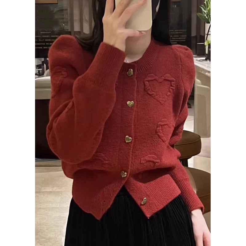 Elegant Red O Neck Button Knit Cardigan Fall