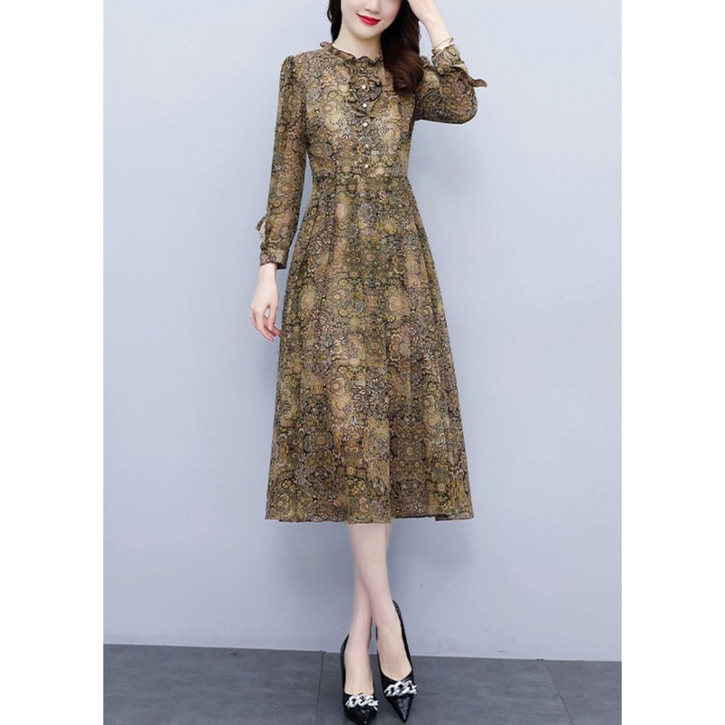 Elegant Ruffled Print High Waist Chiffon Dress Long Sleeve