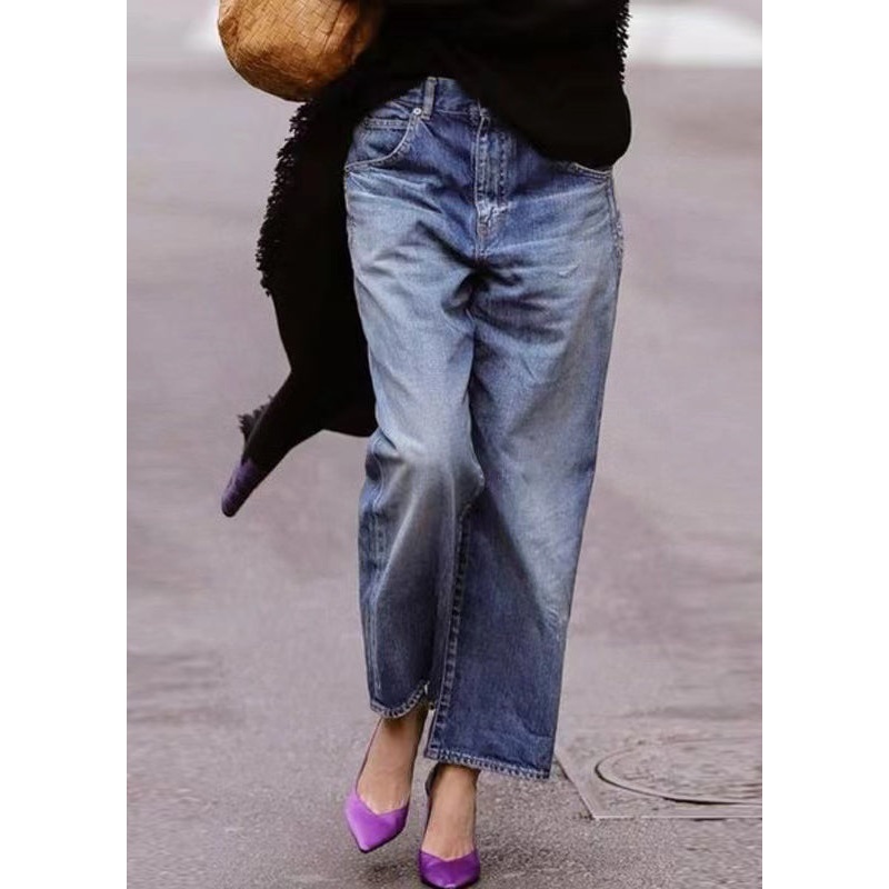 European And American Style Blue Pockets Denim Straight Pants Spring