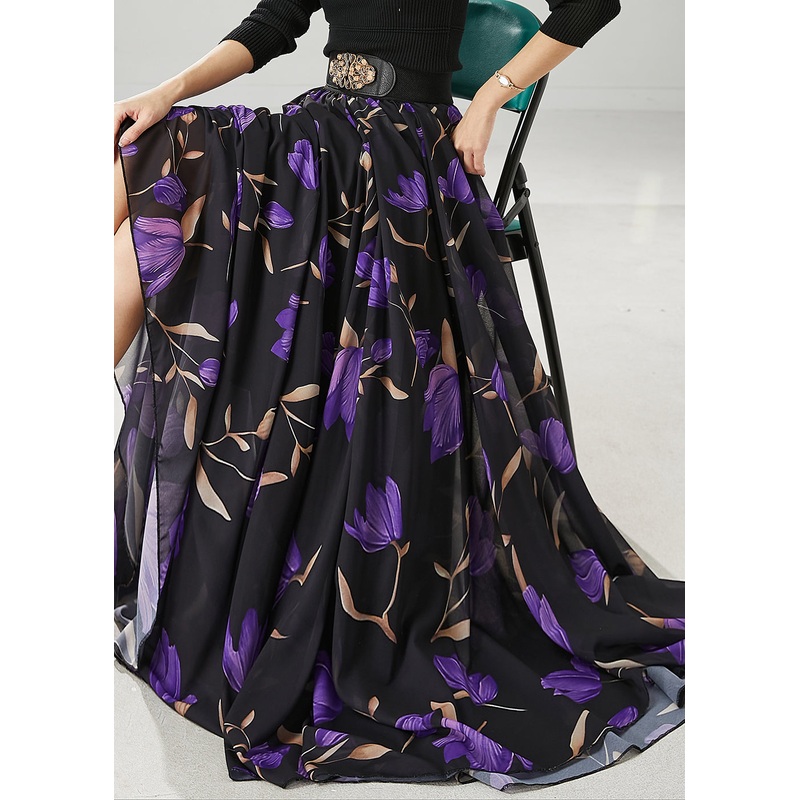 Fashion Black Tulip Print Exra Large Hem Chiffon Skirt Spring