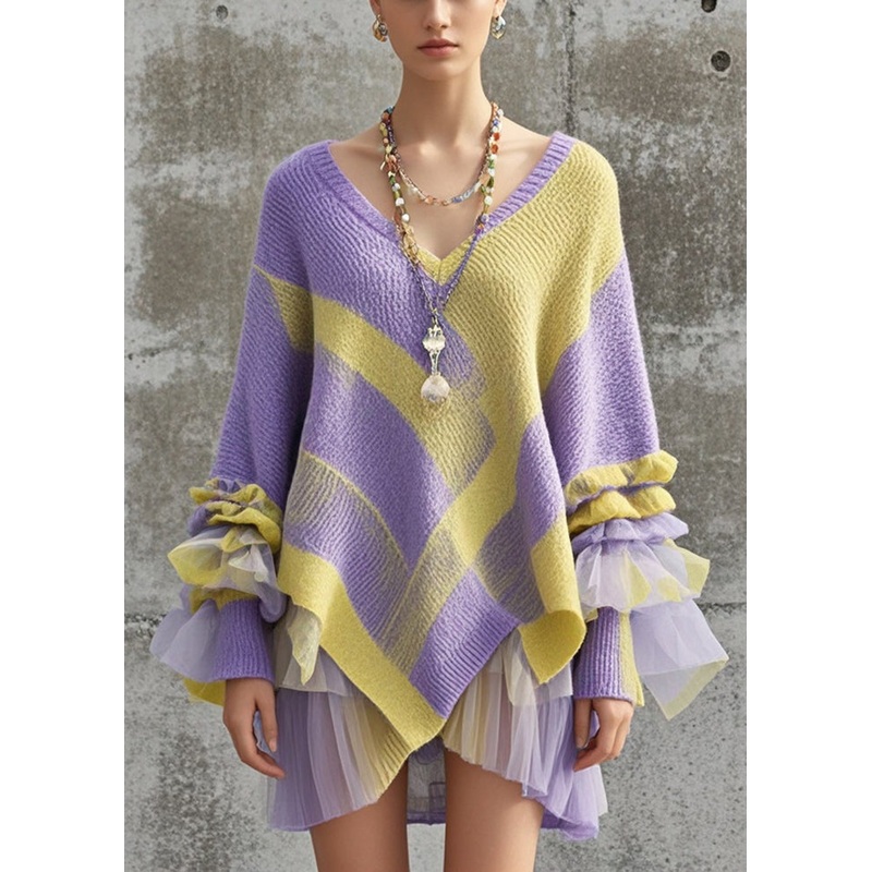 Fashion Purple Asymmetrical Patchwork Tulle Knitwear Dress Fall
