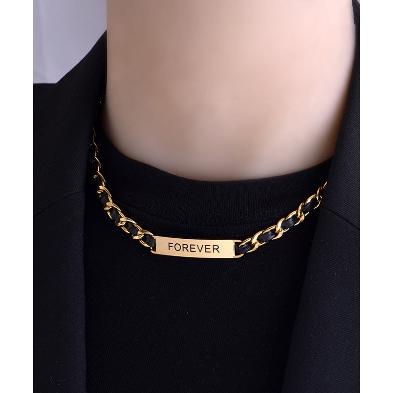Fine Black Stainless Steel Leather Patchwork Graphic Collar Necklace