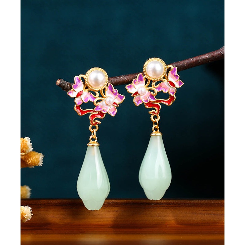 Fine Light Green Copper Overgild Pearl Jade Butterfly Floral Drop Earrings