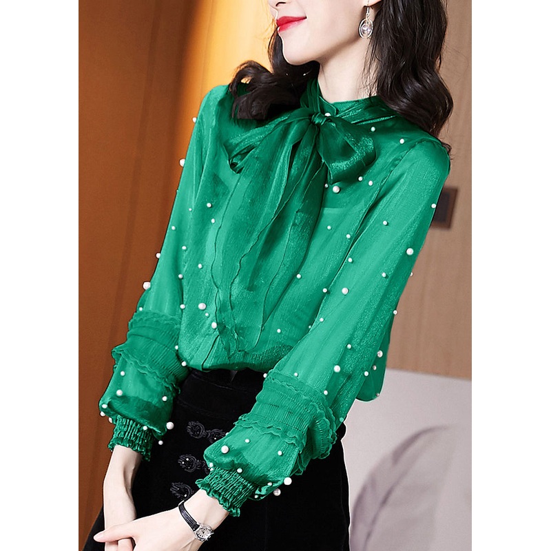 French Green Bow Nail Bead Chiffon Blouses Spring