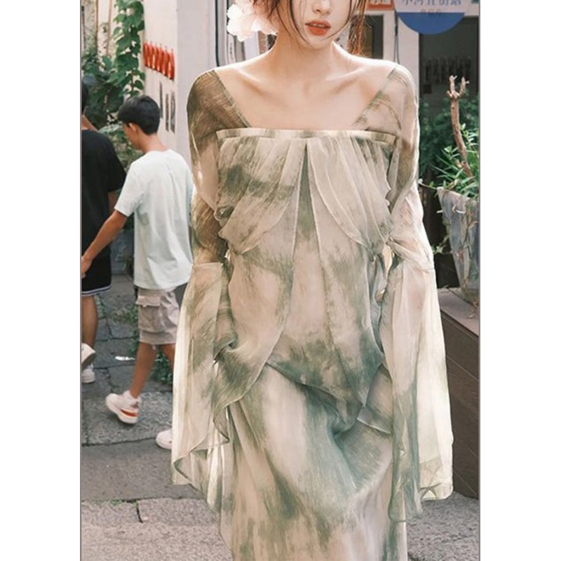 French Green Tie Dye Wrinkled Cotton Long Dresses Long Sleeve