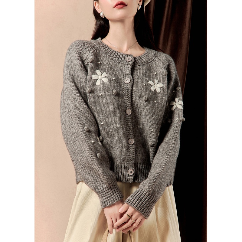 French Grey O Neck Button Knit Cardigan Winter