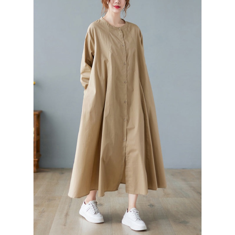 French Khaki O Neck Button Long Cotton Shirts Dresses Spring