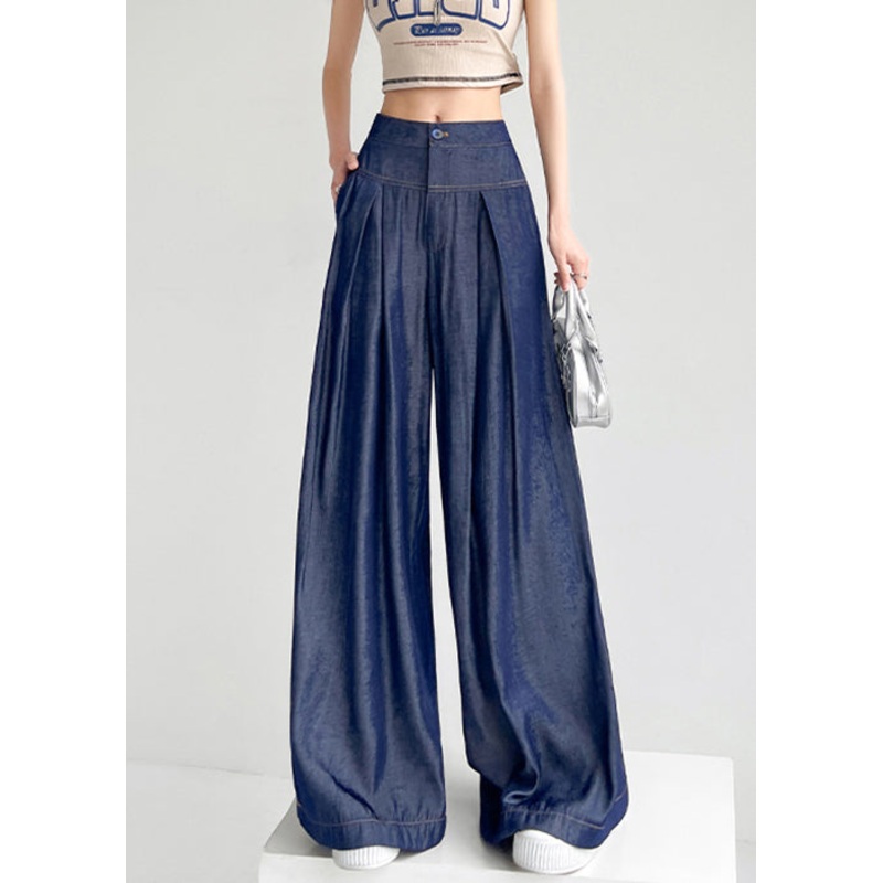 French Navy Pockets High Waist Denim Pants Summer