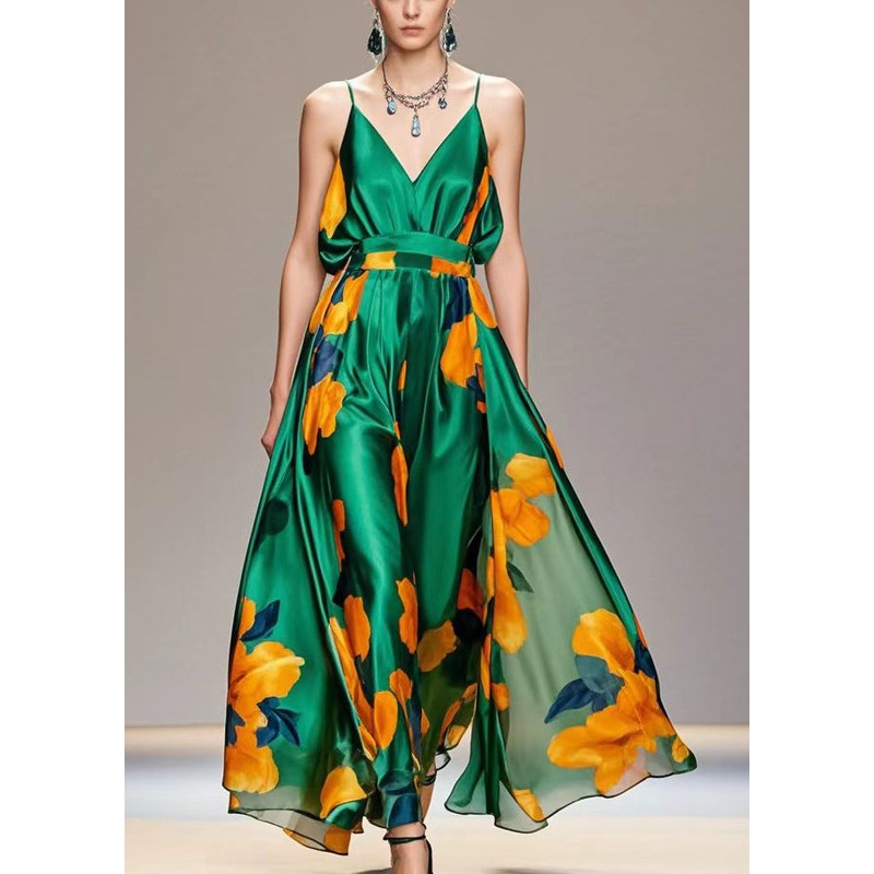 French Peacock Green Print Exra Large Hem Silk Holiday Dress Summer