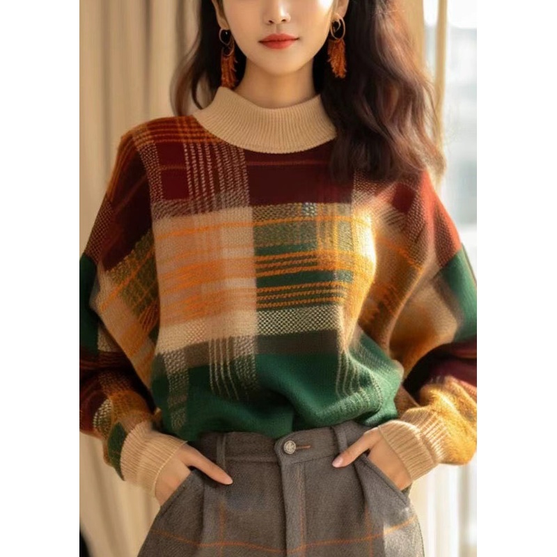 French Plaid Cozy Patchwork Wool Knit Sweaters Winter