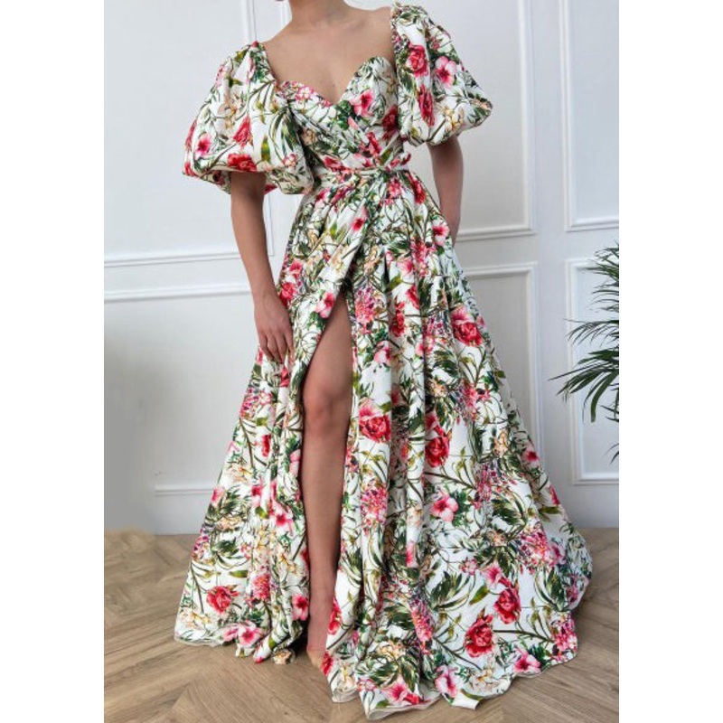 French Print Side Open Cotton Long Dress Puff Sleeve