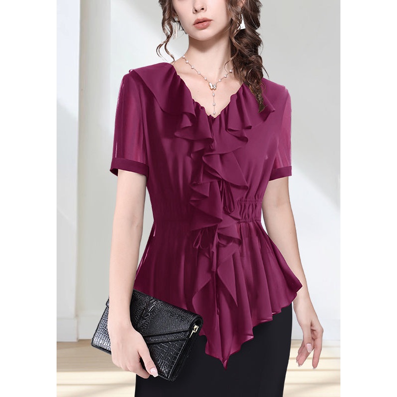 French Rose Ruffled Tie Waist Chiffon Tops Short Sleeve