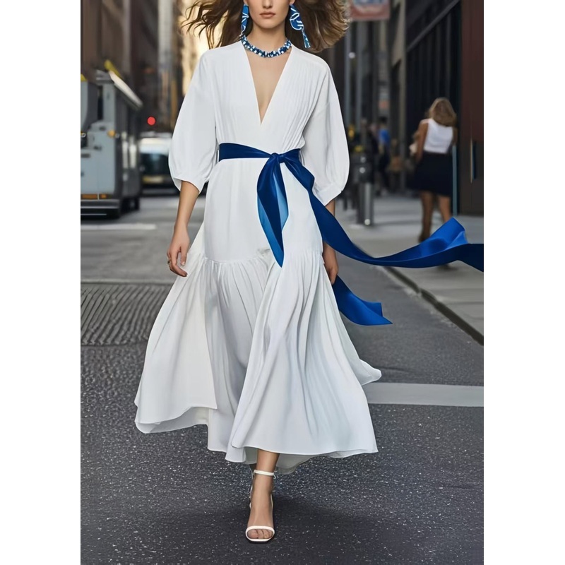 French White Cinched Chiffon Work Dress Bracelet Sleeve