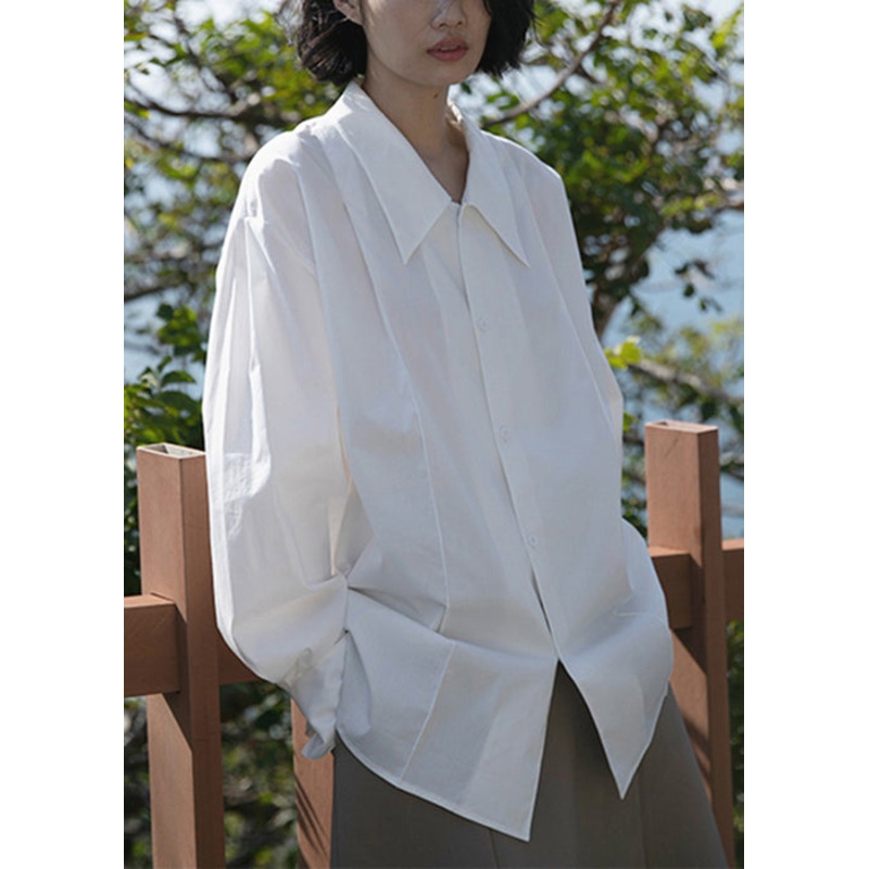 French White Peter Pan Collar Button Cotton Blouse Tops Long Sleeve