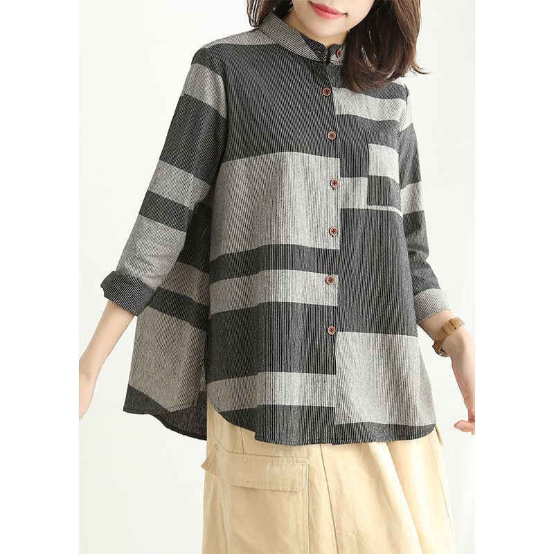 Grey Pockets Patchwork Cotton Shirt Stand Collar Spring
