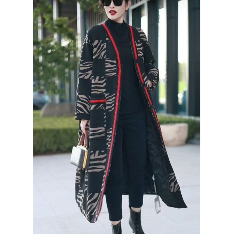 Grey Print Button Thick Cotton Coat V Neck Winter