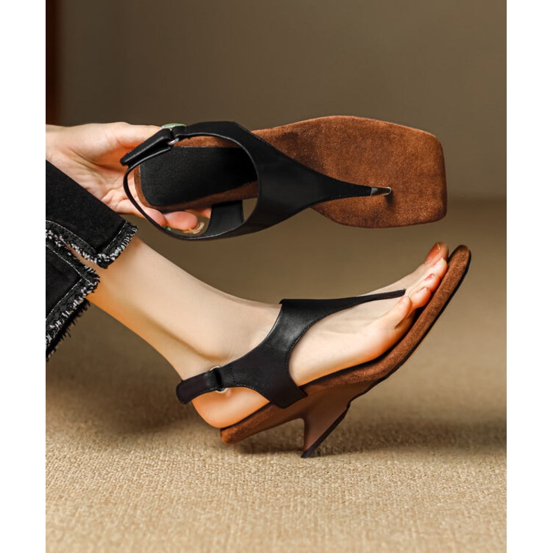 Handmade Black Cowhide Leather Wedge Flip Flops