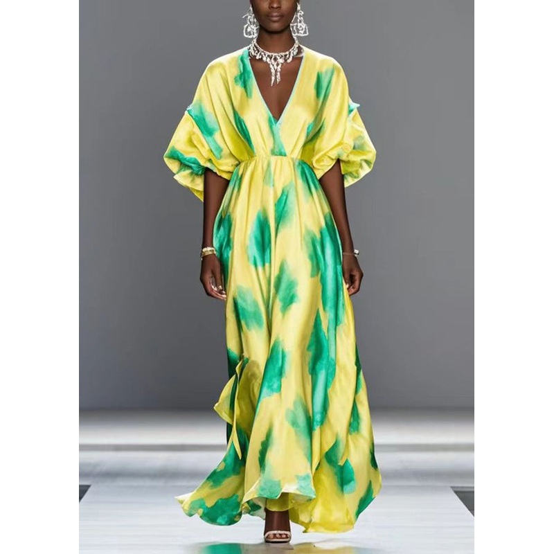 Handmade Yellow V Neck Print Silk Holiday Dress Batwing Sleeve