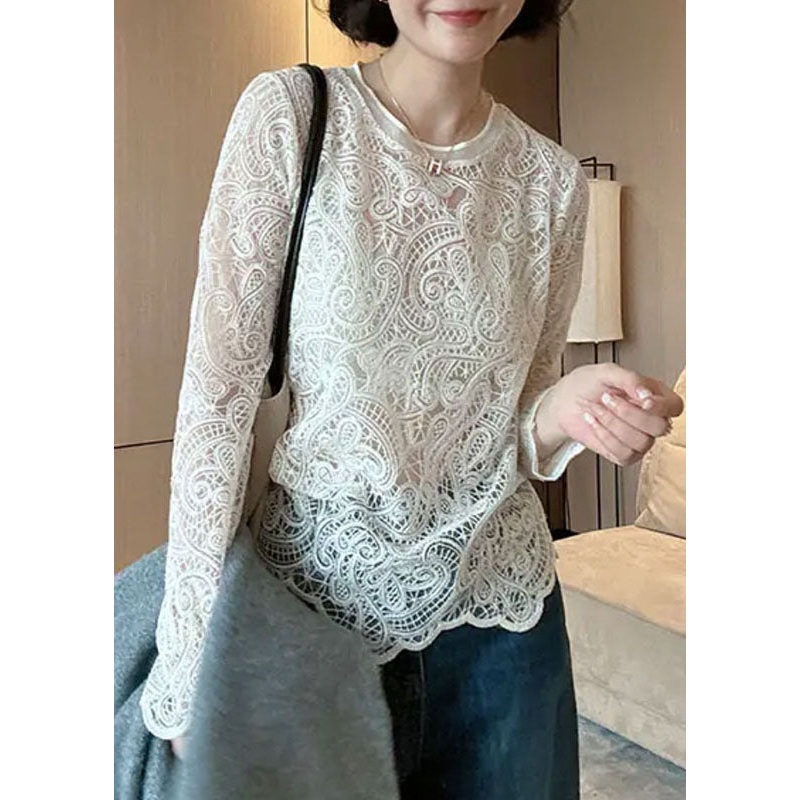 Italian Beige O-Neck Hollow Out Lace Top Spring