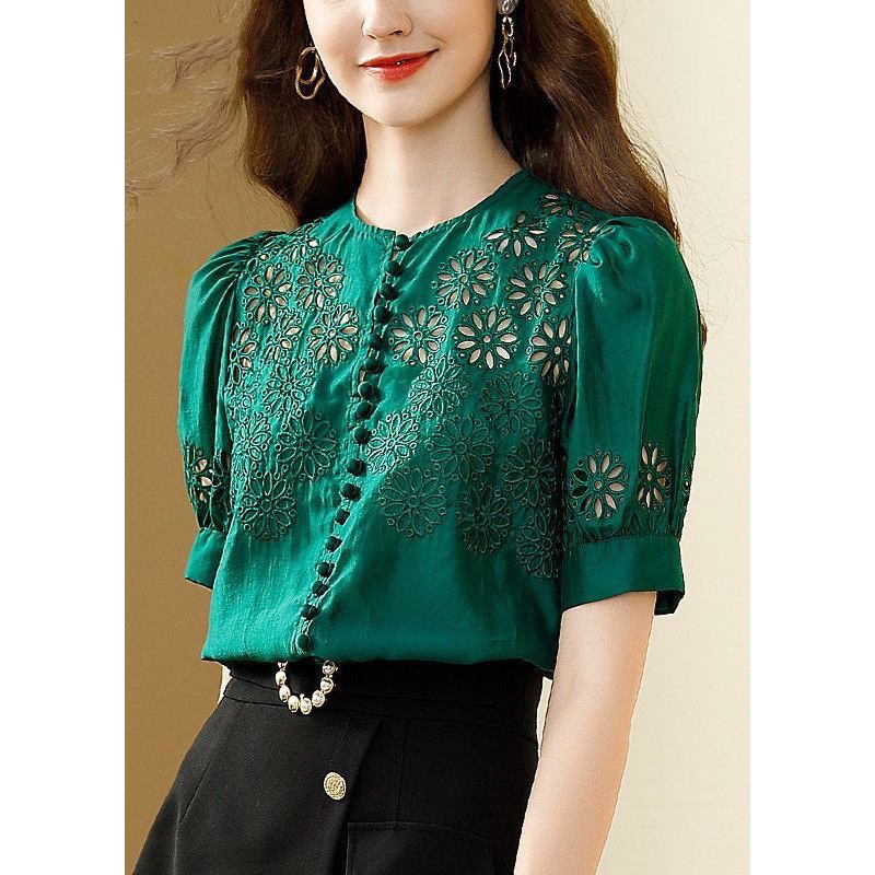 Italian Green Hollow Out Embroidered Silk Shirt Top Summer