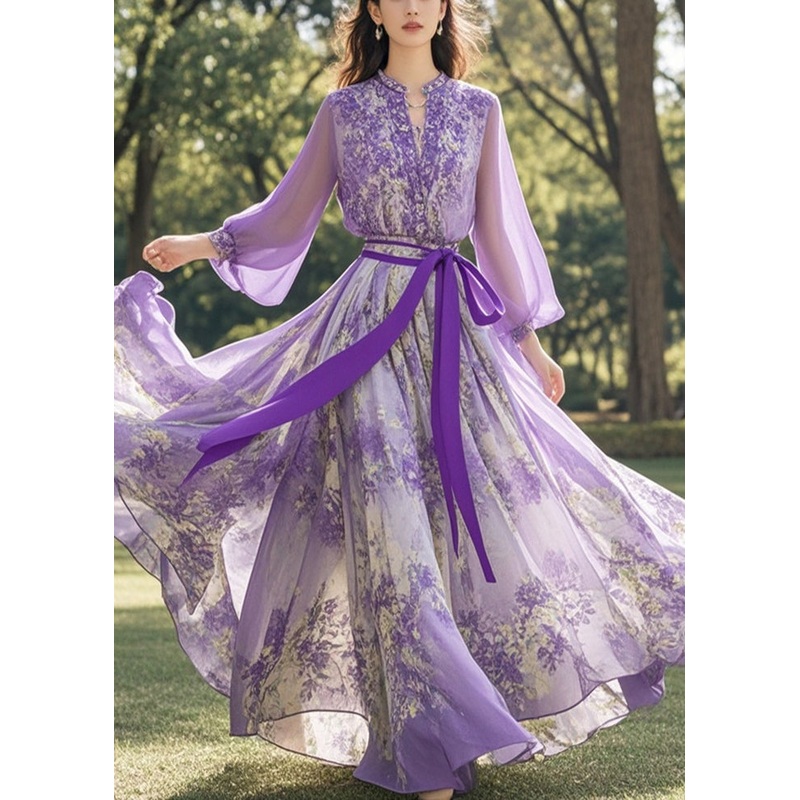 Italian Purple Cinched Print Chiffon Long Dress Fall