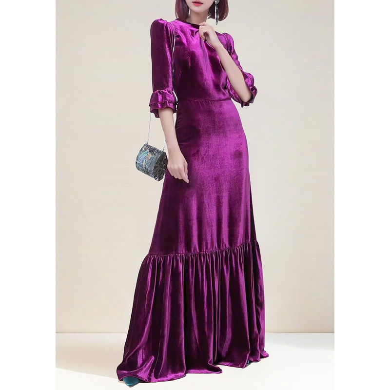 Italian Purple Zippered Wrinkled Velour Long Dress Butterfly Sleeve