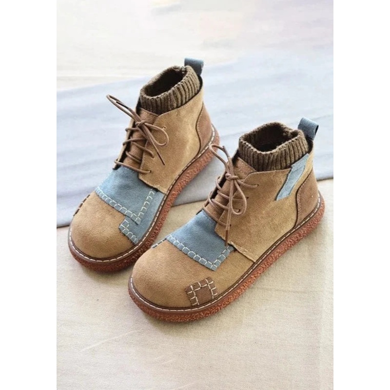 Khaki Stitching Handmade Retro Ankle Boots