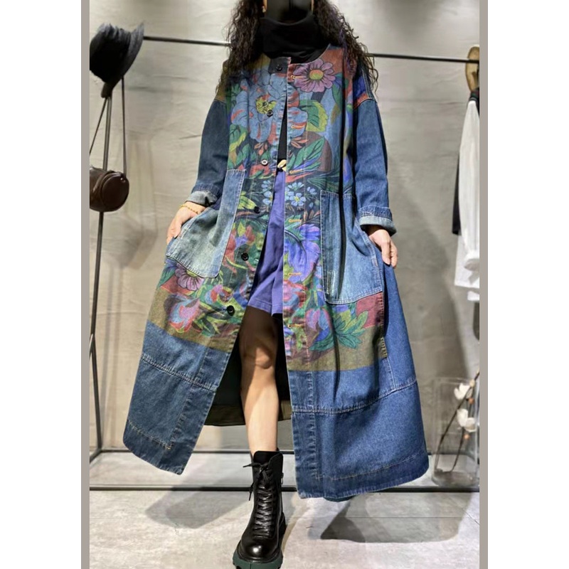 Loose Blue Print Pockets Denim Long Coat Long Sleeve