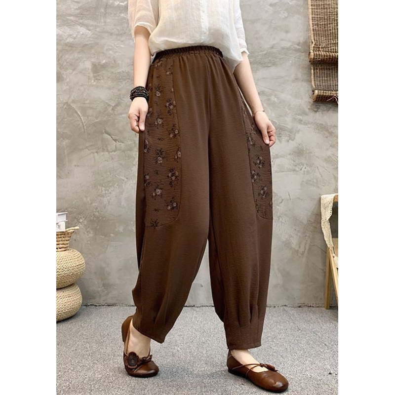 Loose Coffee Pockets Elastic Waist Cotton Crop Pants Summer