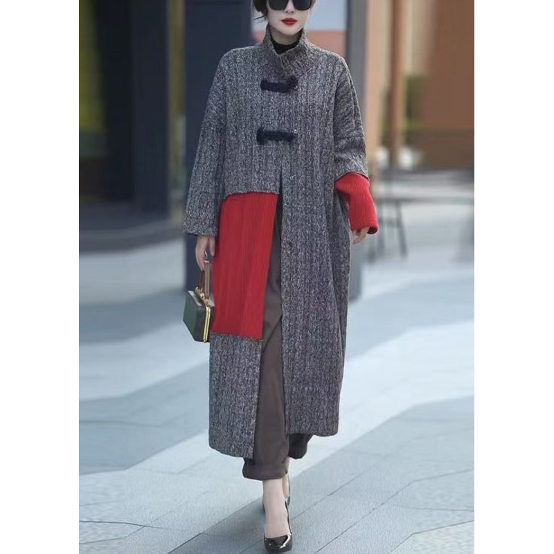 Loose Grey Button Knit Patchwork Long Coats Winter