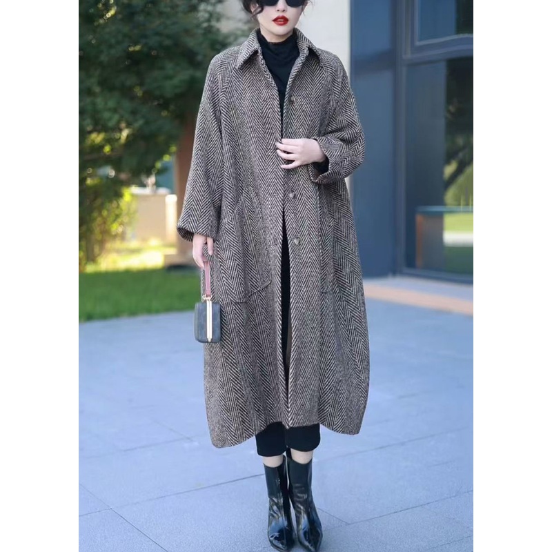 Loose Grey Button Pockets Thick Woolen Long Coat Winter