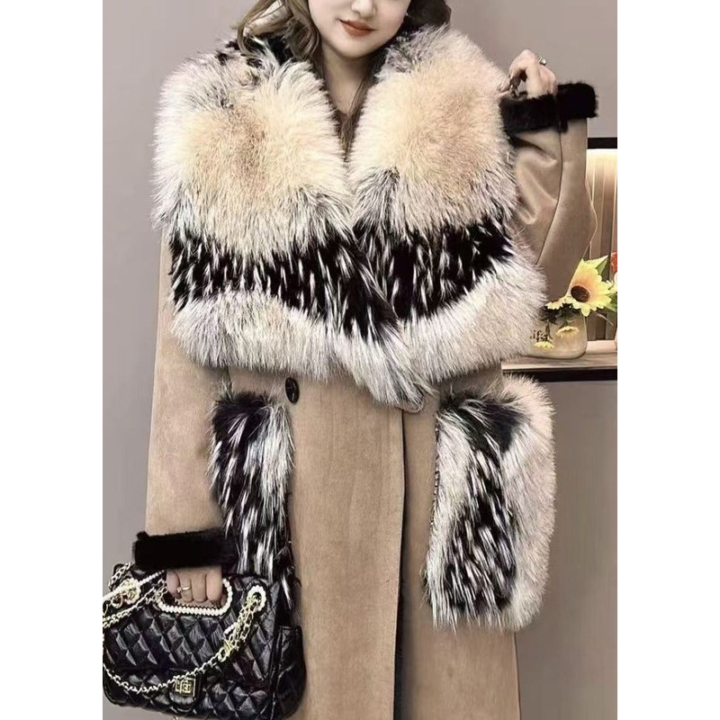 Loose Khaki Fur Collar Pockets Faux Suede Coats Winter