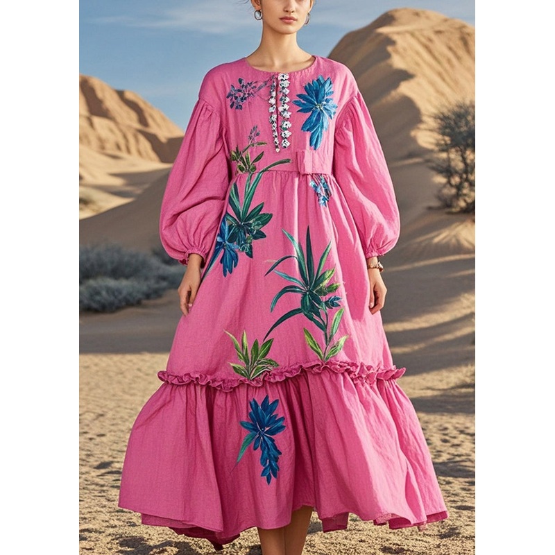 Loose Rose Ruffled Print Cotton Holiday Dress Fall