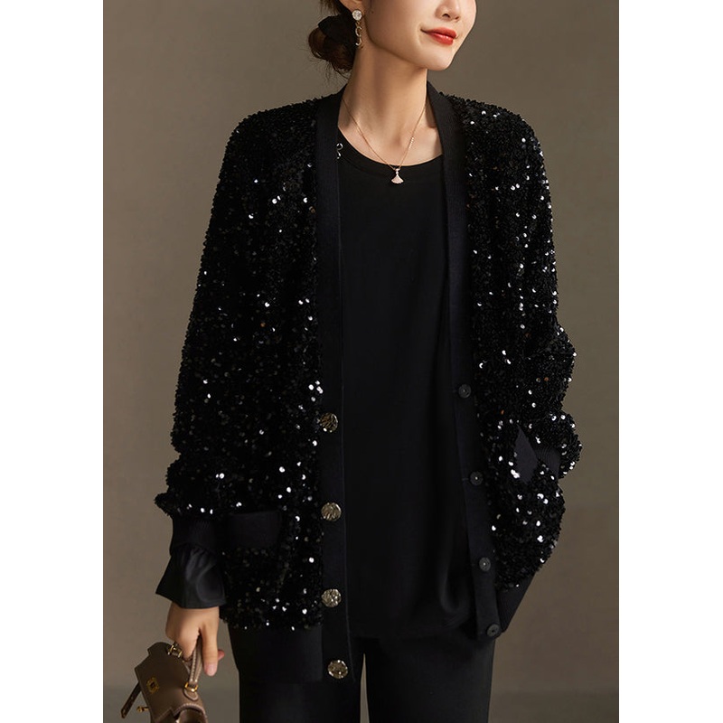 Modern Boutique Black V Neck Pockets Sequins Short Coat Spring