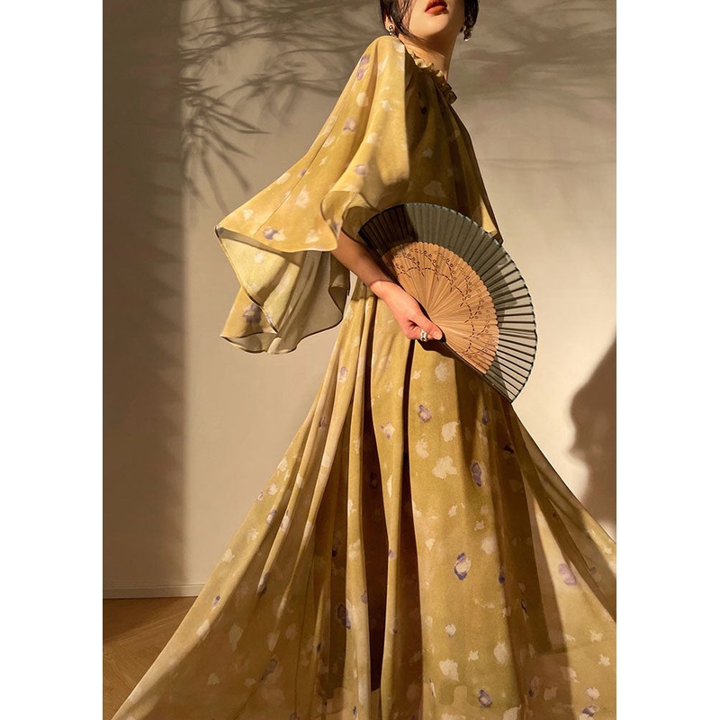 Modern Light Green Stand Collar Print Chiffon Long Dress Summer