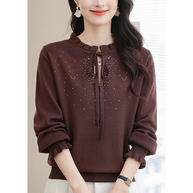 Natural Coffee Ruffled Tie Lace Thick Cotton Knit Sweater Puff Sleeve