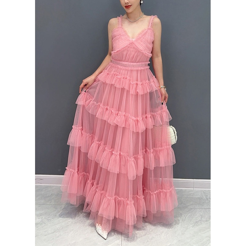 Natural Pink Ruffled Patchwork Tulle Spaghetti Strap Long Dress Summer