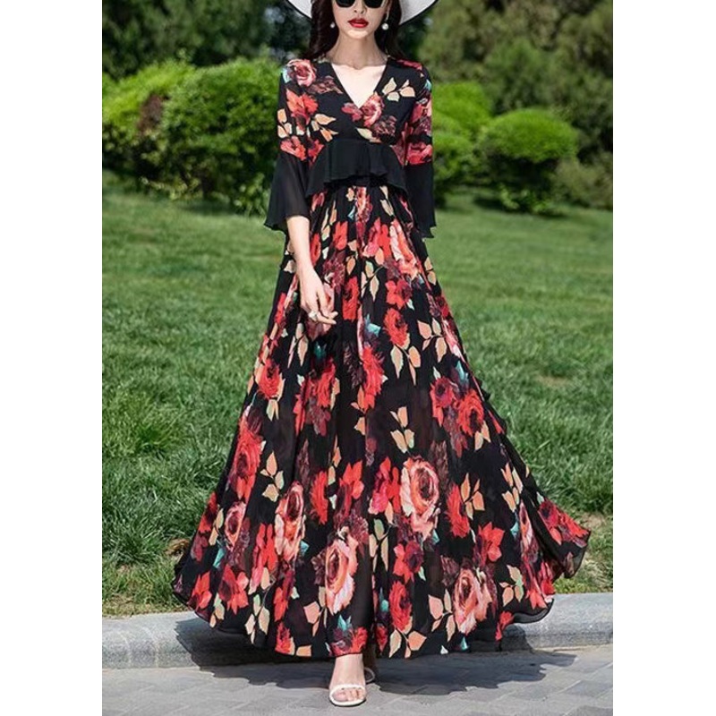 Natural Red V Neck Ruffled Print Chiffon Vacation Dresses Summer