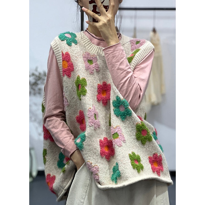 New Apricot O Neck Jacquard Plus Size Cotton Knit Vest Sleeveless