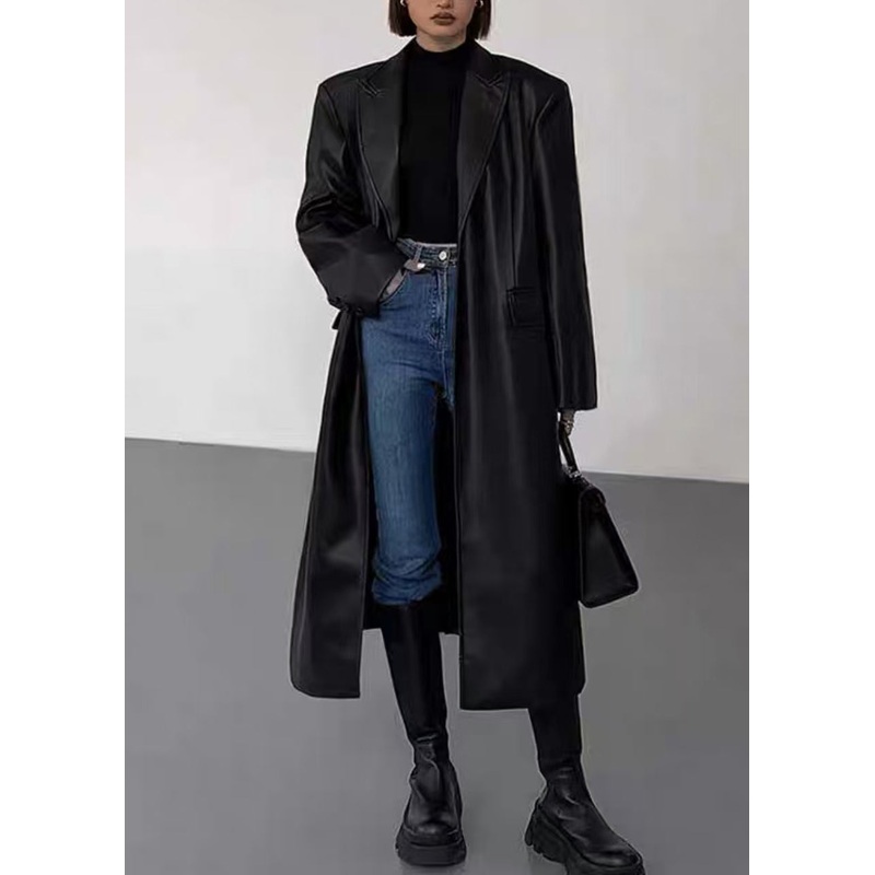 New Black Notched Button Faux Leather Long Coats Winter