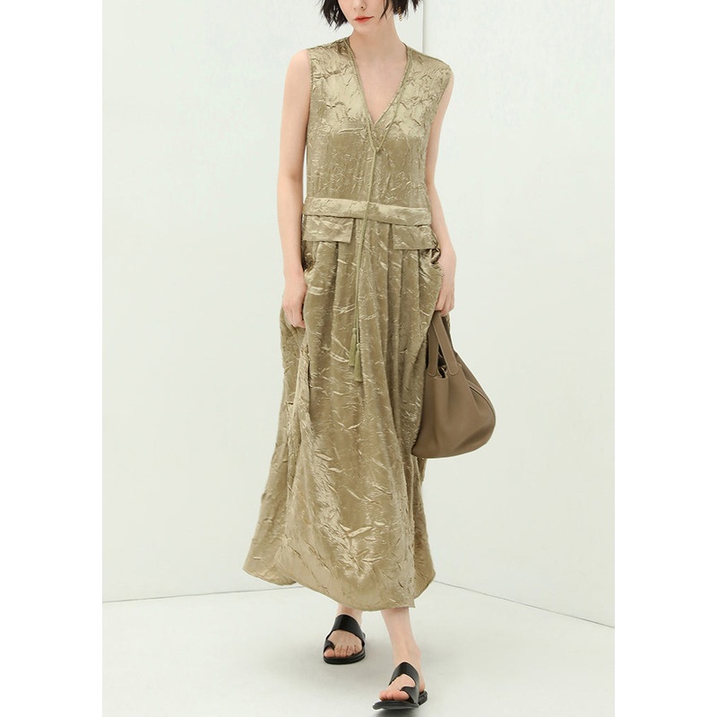 New Champagne V Neck Tasseled Silk Long Dresses Sleeveless