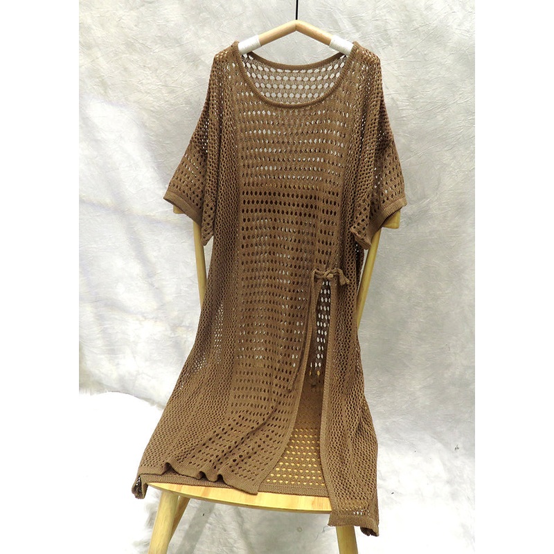 New Coffee O Neck Hollow Out Side Open Knit Mid Dress Summer
