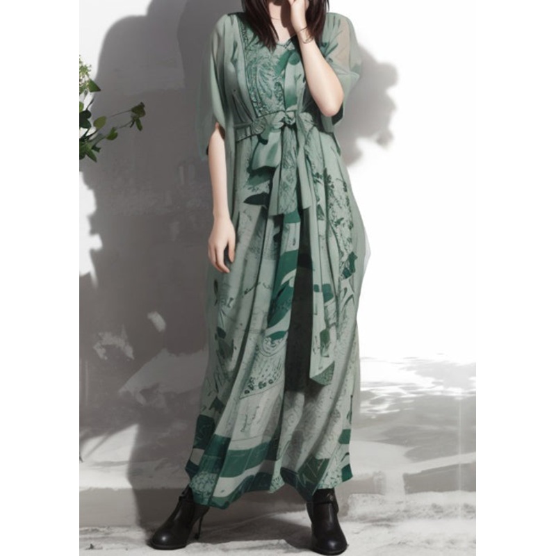 New Green V Neck Print Silk Maxi Dresses Summer
