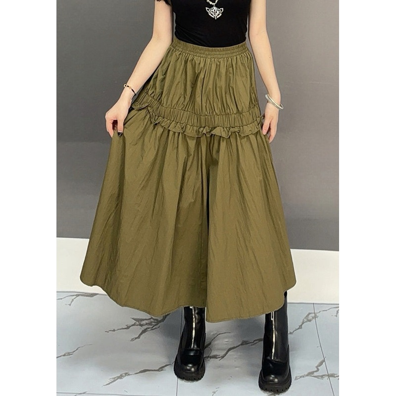 New Khaki Ruffled Pockets Elastic Waist Cotton Skirts Fall