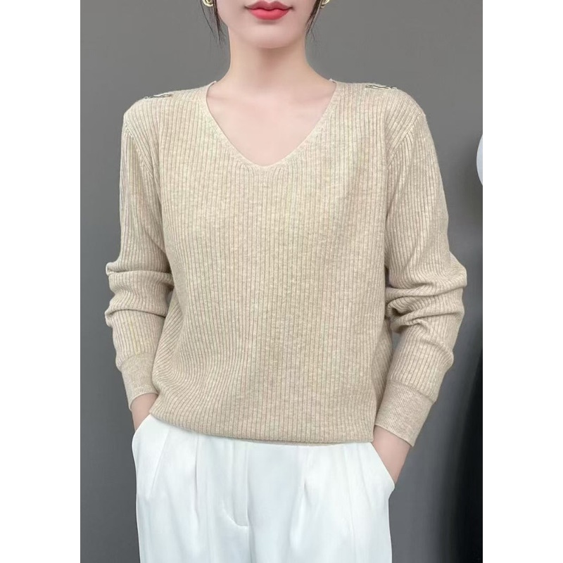 New Khaki V Neck Solid Knit Sweater Fall