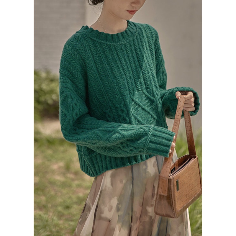 New Peacock Green O Neck Patchwork Cable Knit Sweaters Fall