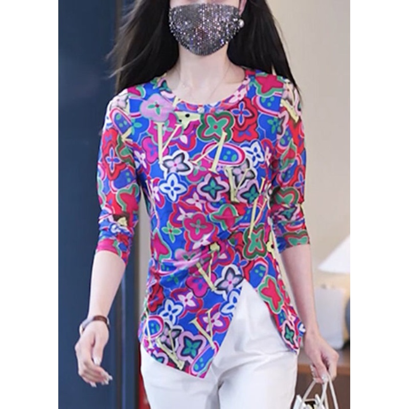 New Purple O Neck Print Side Open Cotton Top Spring