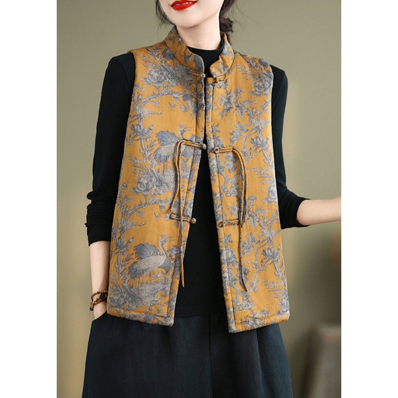 New Yellow Print Chinese Button Cotton Filled Waistcoat Winter