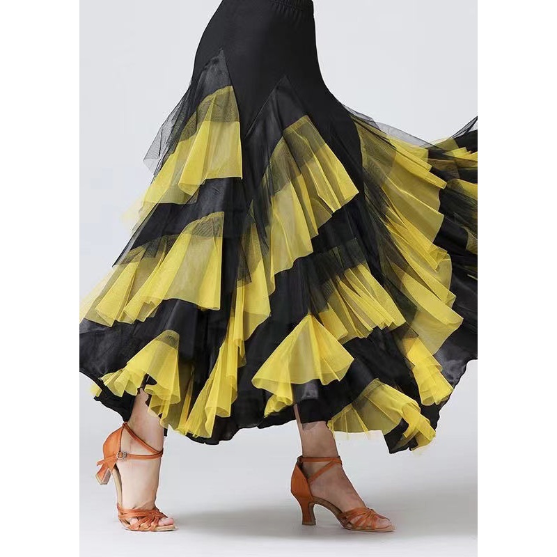 New Yellow Wrinkled Patchwork Elastic Waist Tulle Skirts Spring