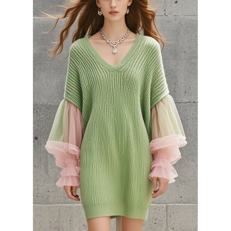 Organic Grass Green V Neck Patchwork Tulle Knit Dress Lantern Sleeve